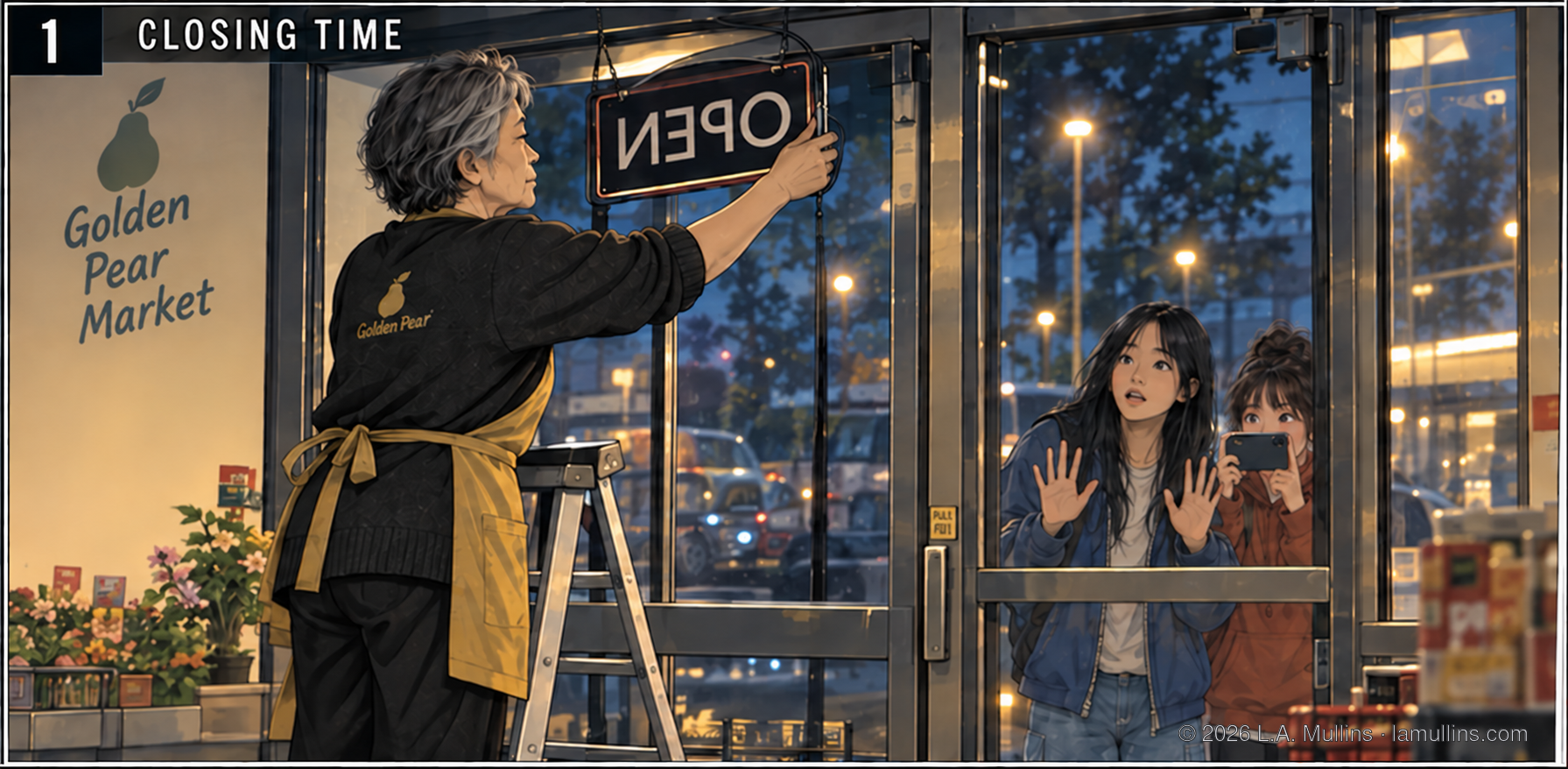 Inside Golden Pear Market at closing, Mina stands on a ladder by the glass door and reaches toward the OPEN sign while two girls wait outside.
