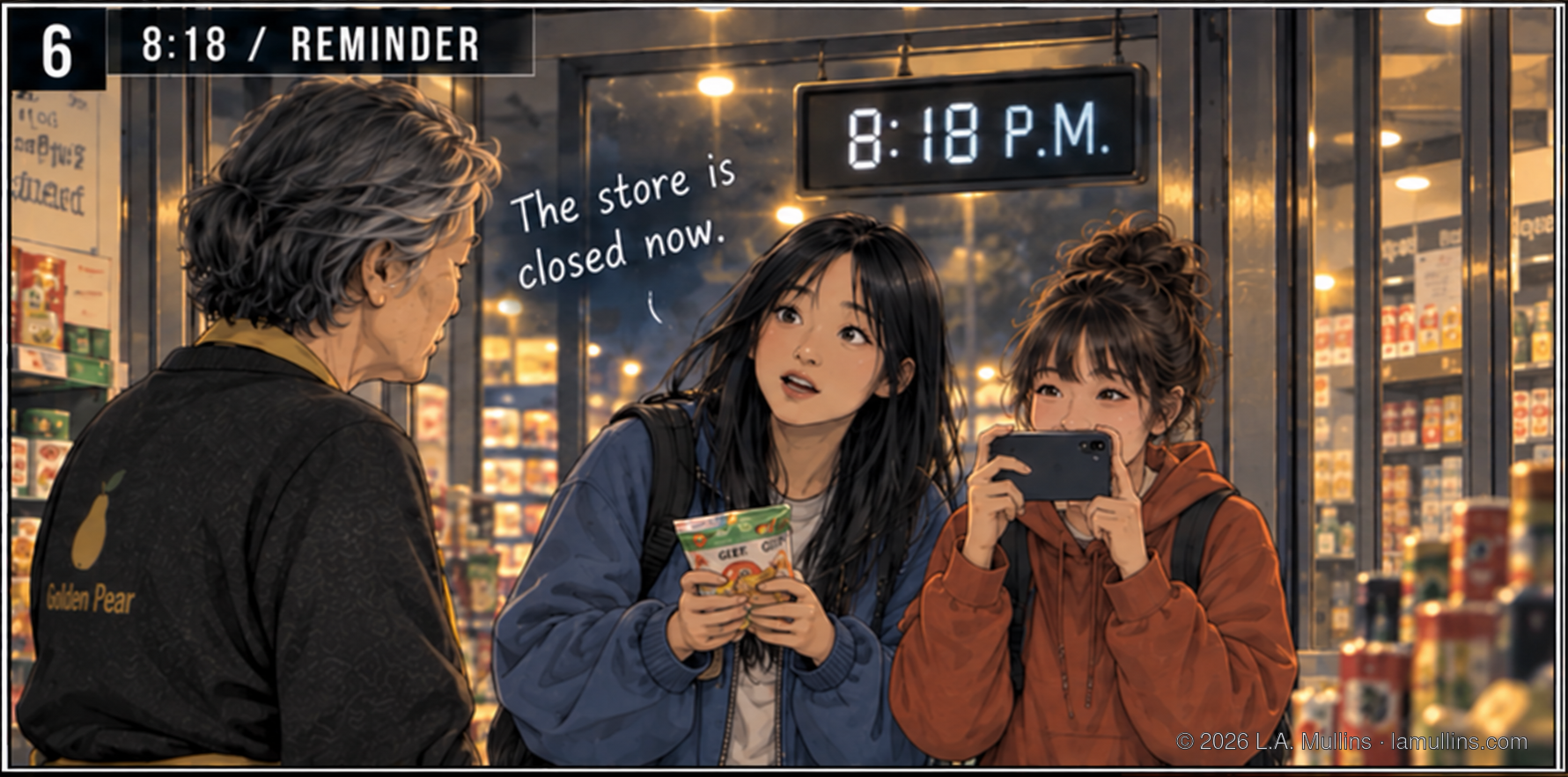 At 8:18 p.m., Mina faces the girls near the front of the store as one continues holding merchandise and the other keeps her phone out.
